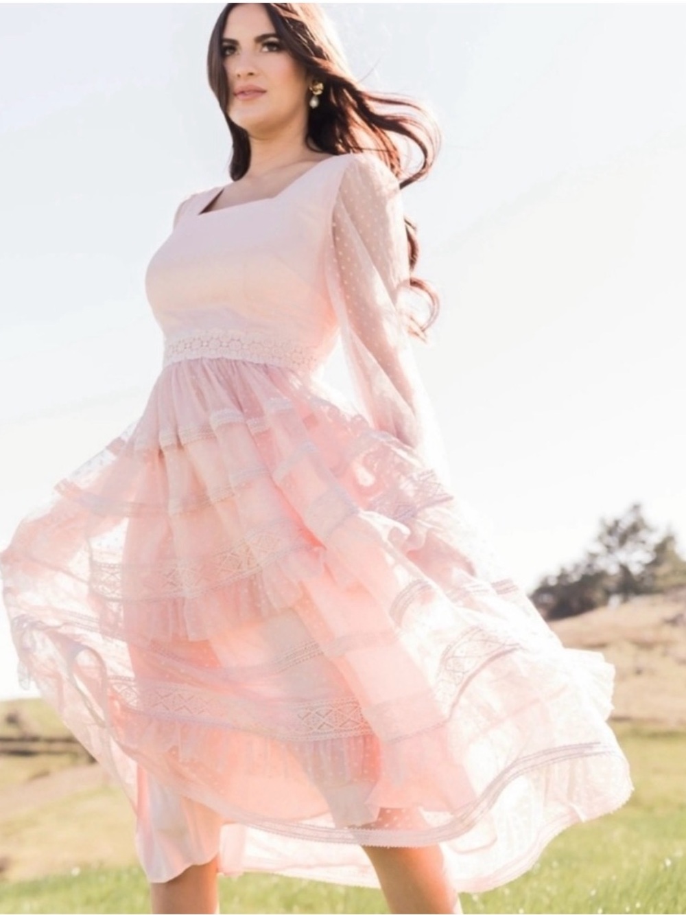 Rachel Parcell Blush Pink Tiered Midi Dress with Square Neckline